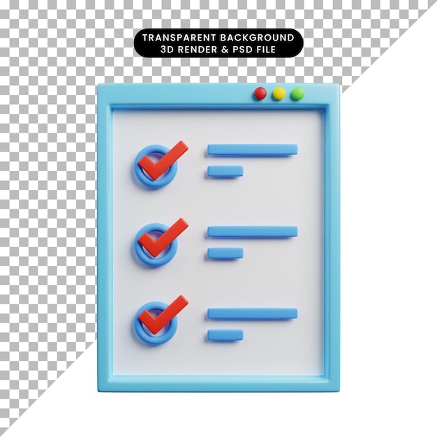 PSD illustration 3d du concept de liste de contrôle ui web