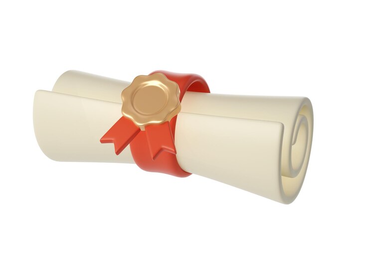 PSD illustration 3d du diplôme de diplôme ou du rouleau de diplôme avec l'icône du ruban rouge
