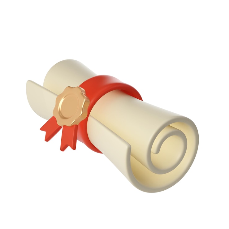 PSD illustration 3d du diplôme de diplôme ou du rouleau de diplôme avec l'icône du ruban rouge