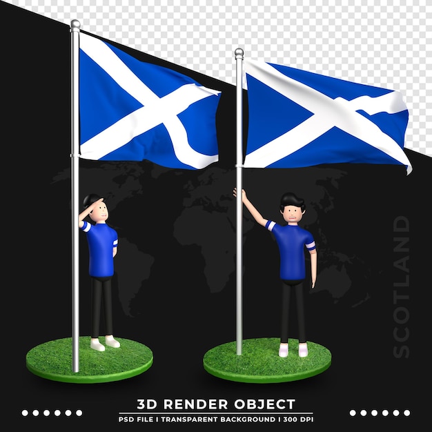 PSD illustration 3d du drapeau de l'ecosse avec un personnage de dessin animé de personnes mignonnes. rendu 3d.