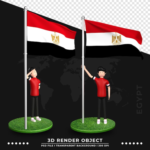 PSD illustration 3d du drapeau de l'egypte avec un personnage de dessin animé de personnes mignonnes. rendu 3d.