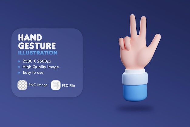 Illustration 3D du geste de comptage à trois doigts, concept de marketing, d'entreprise et d'interface utilisateur