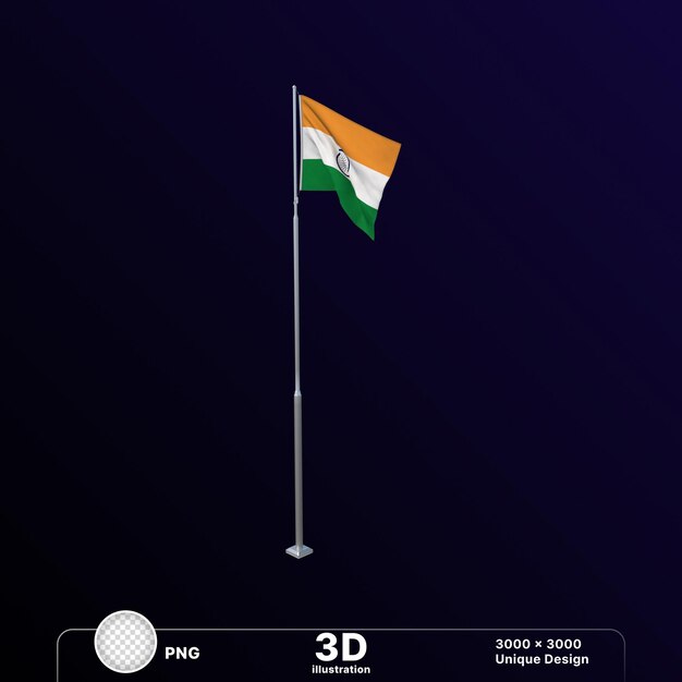 PSD illustration 3d du hissage du drapeau indien le jour de l'indépendance du jour de la république dans un fond transparent