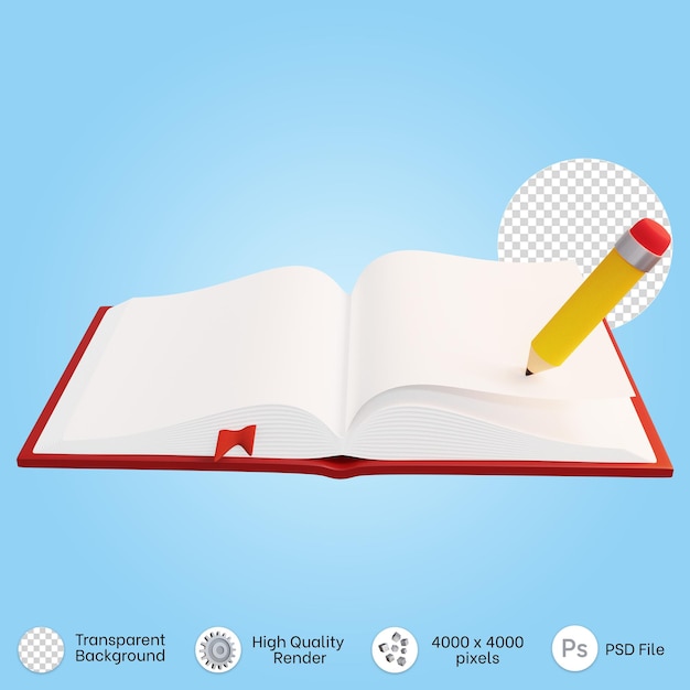 Illustration 3d du livre ouvert avec un crayon écrivant sur le livre