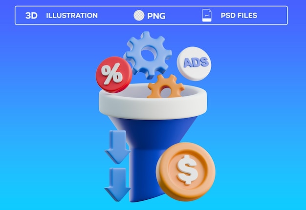Illustration 3D du marketing de l'entonnoir PSD