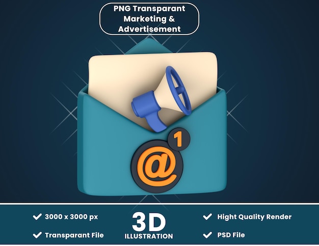 PSD illustration 3d du marketing par e-mail