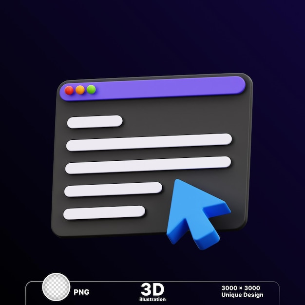 Illustration 3D du moniteur d'écran du site Web avec le curseur de clic sur celui-ci dans un fond transparent