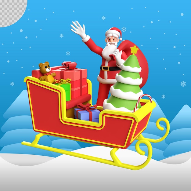 PSD illustration 3d du père noël avec des traîneaux