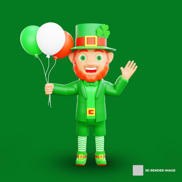 PSD illustration 3d du personnage du jour de saint-patrick, un leprechaun, saluant tout en tenant des ballons.