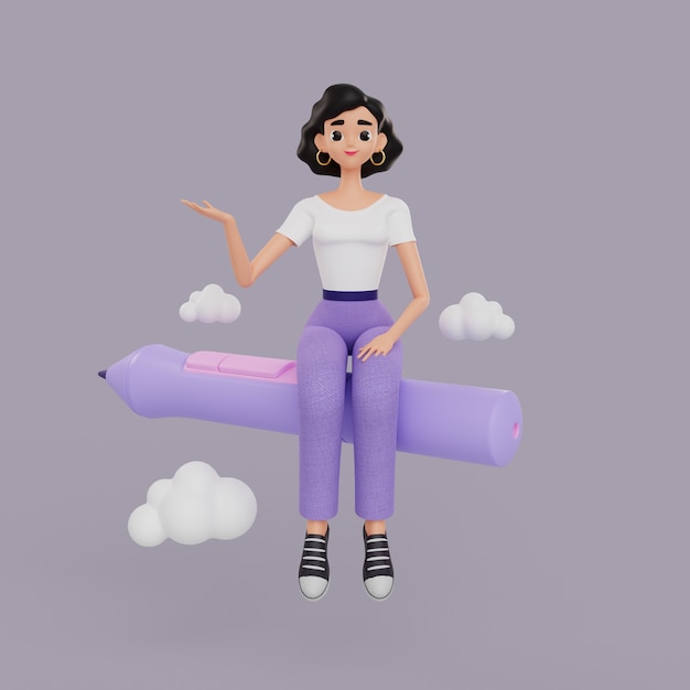 PSD illustration 3d du personnage féminin de graphiste assis sur un stylet