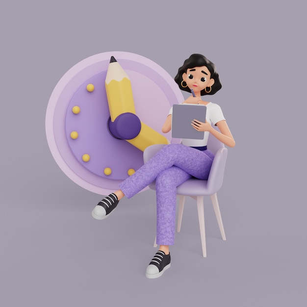 Illustration 3d du personnage féminin de graphiste tenant une tablette