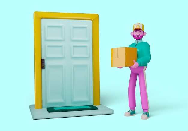 Illustration 3d du personnage de livreur tenant une boîte à la porte