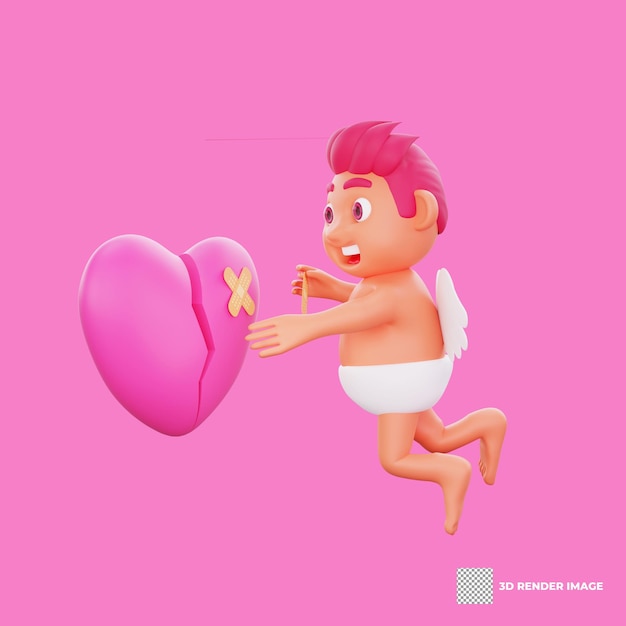 PSD illustration 3d du personnage de valentine cupidon réparant un cœur brisé