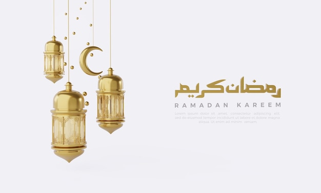 Illustration 3d du ramadan avec lune et lumières suspendues