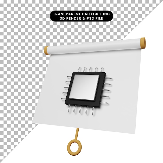 Illustration 3d du tableau de présentation de l'objet simple vue légèrement inclinée avec l'icône du processeur