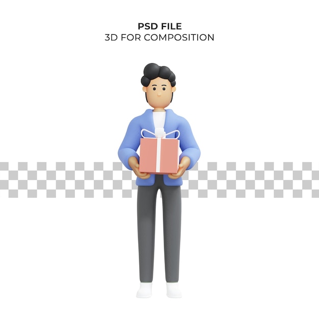 Illustration 3d eines mannes, der einen geschenkboxgeburtstag trägt Premium Psd