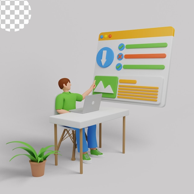 illustration 3D. Employés de bureau organisant le stockage de données et l'archivage de fichiers sur un serveur ou un ordinateur