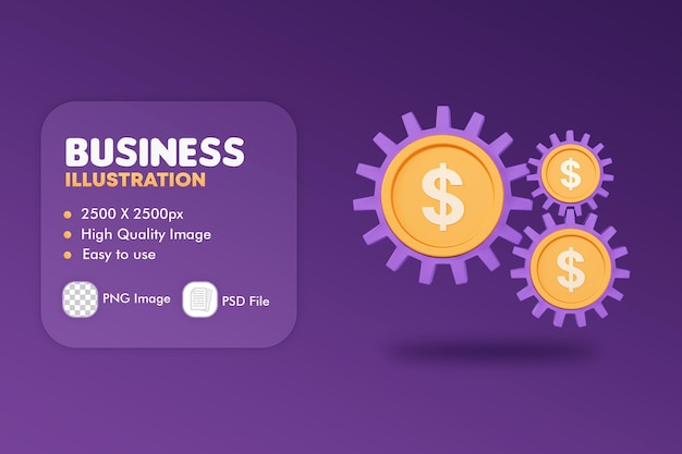 Illustration 3D de l'engrenage et de la pièce avec des symboles du dollar, concept d'industriel, commercial, financier