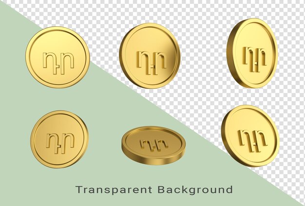 Illustration 3d Ensemble de pièce de monnaie dram arménienne en or dans différents anges