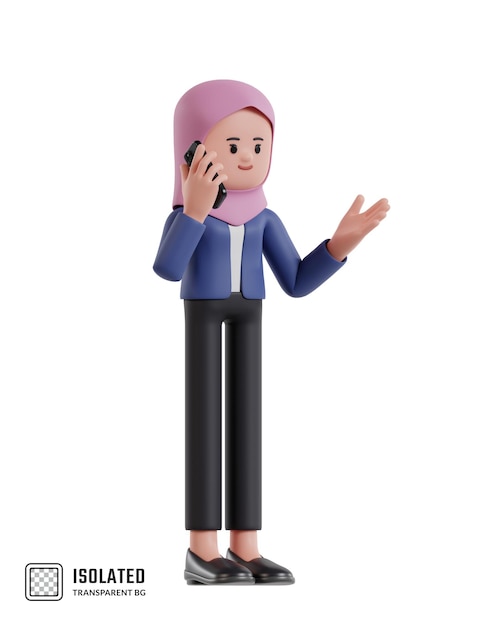 Illustration 3d D'une Femme D'affaires De Dessin Animé Avec Un Hijab Parlant D'affaires Au Téléphone