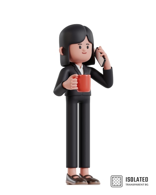 PSD illustration 3d d'une femme d'affaires de dessin animé tenant une tasse de café et parlant au téléphone portable