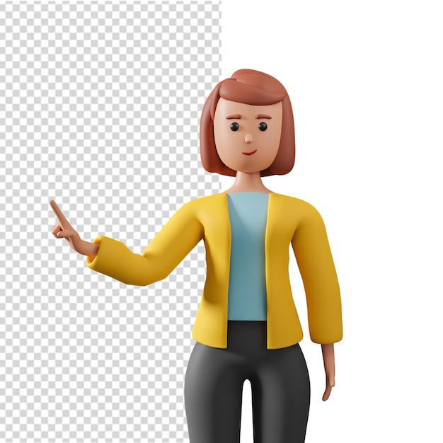 PSD illustration 3d d'une femme en costume jaune pointant vers quelque part