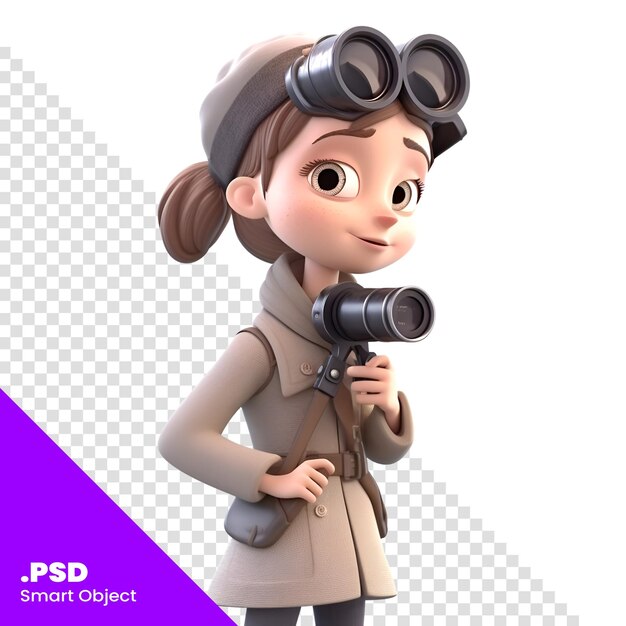 PSD illustration 3d d'une fille en trench-coat avec des jumelles modèle psd