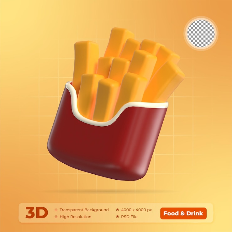 PSD illustration 3d de frites icône aliments et boissons avec fond transparent