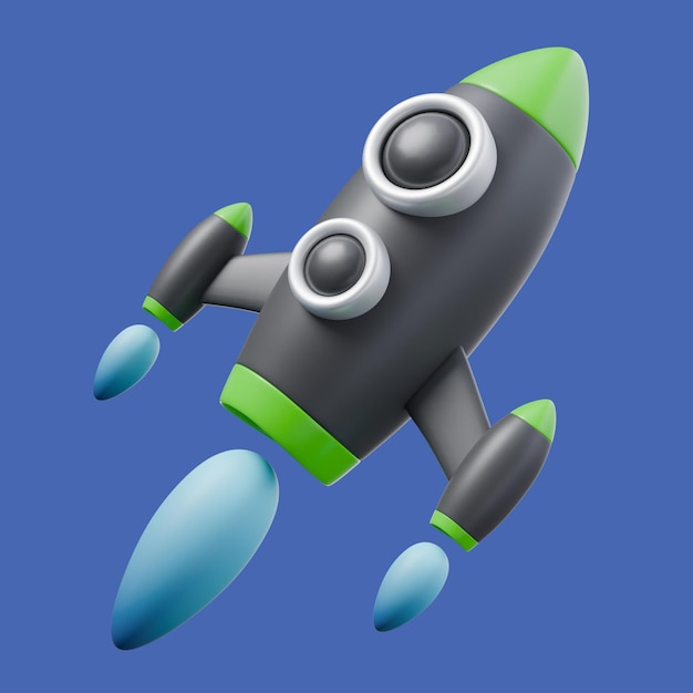 Illustration 3D de la fusée en couleurs noir et vert et le démarrage de la flamme bleue