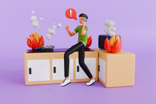 Illustration 3D d'un garçon appelant les services d'urgence d'incendie en raison d'un incendie dans la cuisine