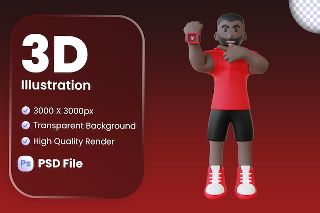 PSD illustration 3d d'un gars avec enregistrement cardio smartwatch