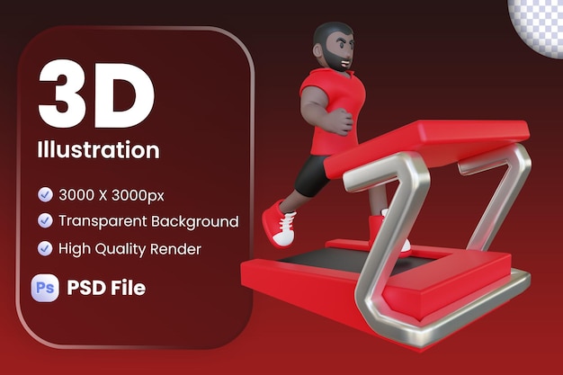 PSD illustration 3d d'un gars de fitness courant sur un tapis roulant