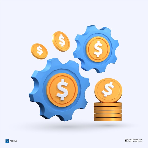 Illustration 3D Gear avec symboles dollar pièce icône de rendu financier 3d