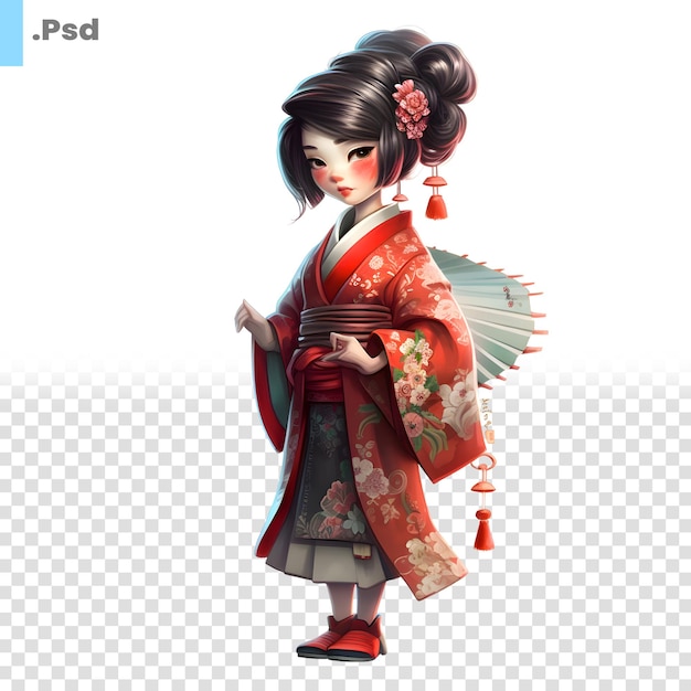 PSD illustration 3d d'une geisha japonaise avec un modèle psd de kimono