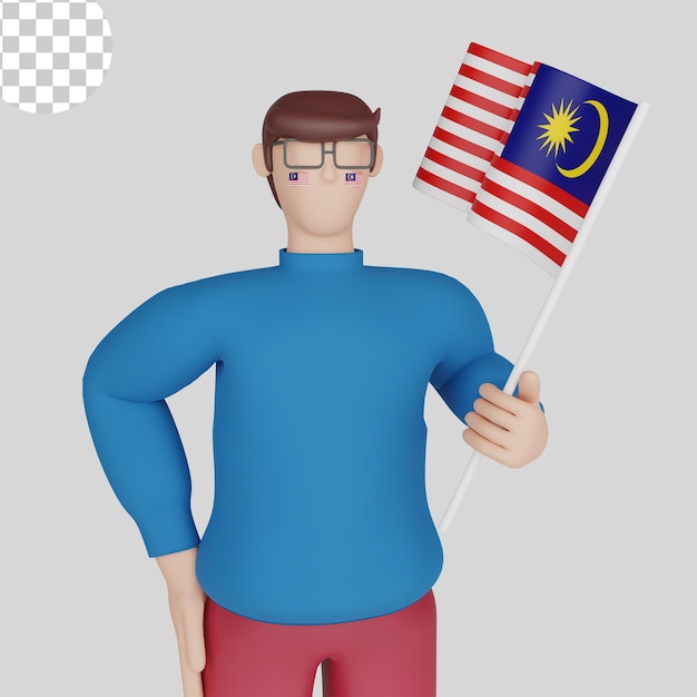 PSD illustration 3d. hari merdeka avec homme tenant des drapeaux