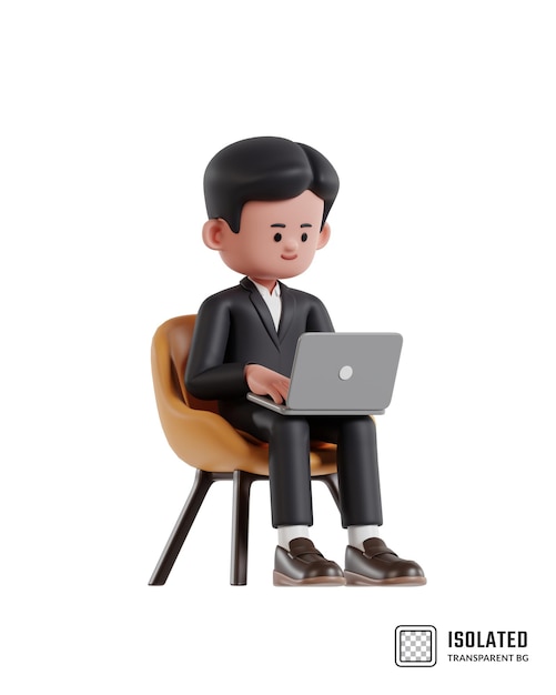 PSD illustration 3d d'un homme d'affaires de dessin animé assis sur une chaise et travaillant sur un ordinateur portable