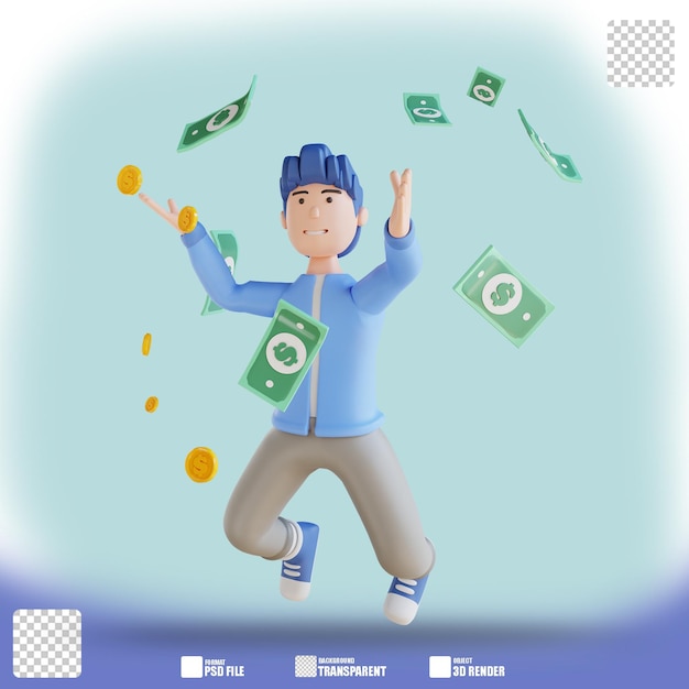 Illustration 3D homme heureux volant argent 2