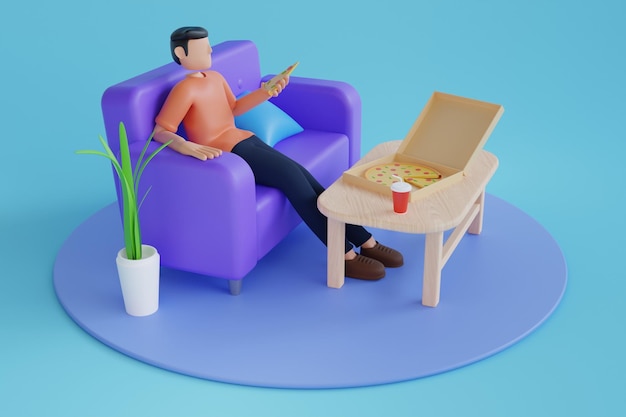 Illustration 3D de l'homme mange de la pizza à emporter à la maison homme mangeant de la pizza Illustration 3D