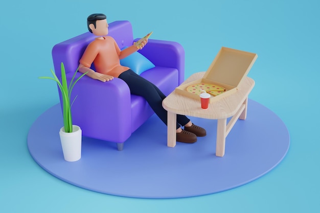 Illustration 3d De L'homme Mange De La Pizza à Emporter à La Maison Homme Mangeant De La Pizza Illustration 3d