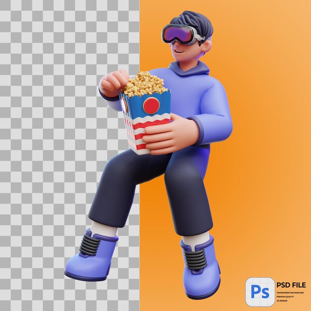 PSD illustration 3d de l'homme mangeant du pop-corn rendu de l'icône png isolé