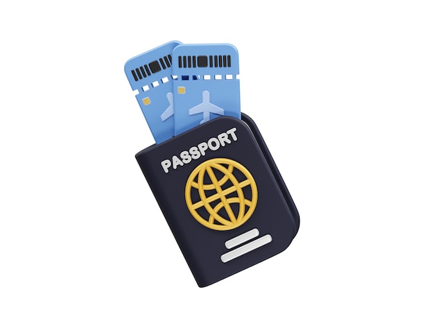 Illustration 3D d’une icône de passeport avec un billet d’avion