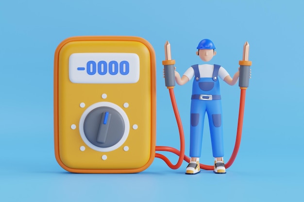Illustration 3D d'un ingénieur électricien tenant un multimètre numérique et un électricien portant un multimètre