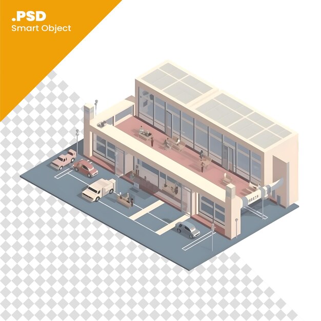 PSD illustration 3d isométrique d'un bâtiment avec parking et modèle psd de garage