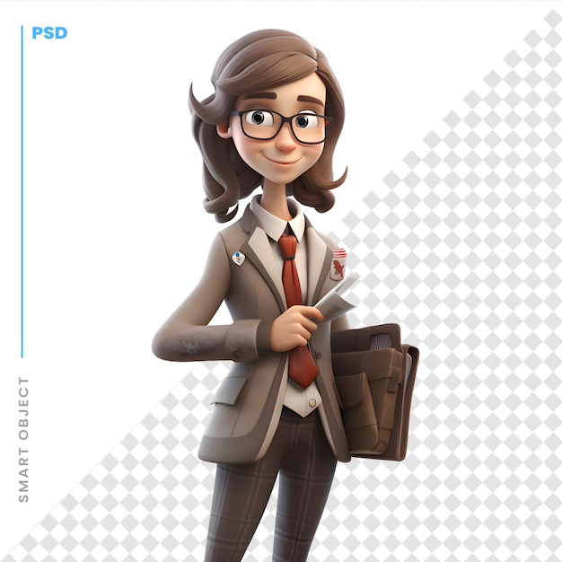 PSD illustration 3d d'une jeune femme d'affaires avec mallette et lunettes