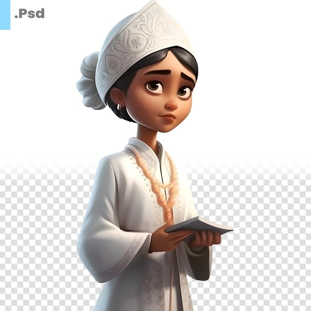 PSD illustration 3d d'une jeune fille musulmane lisant un modèle psd de livre sacré