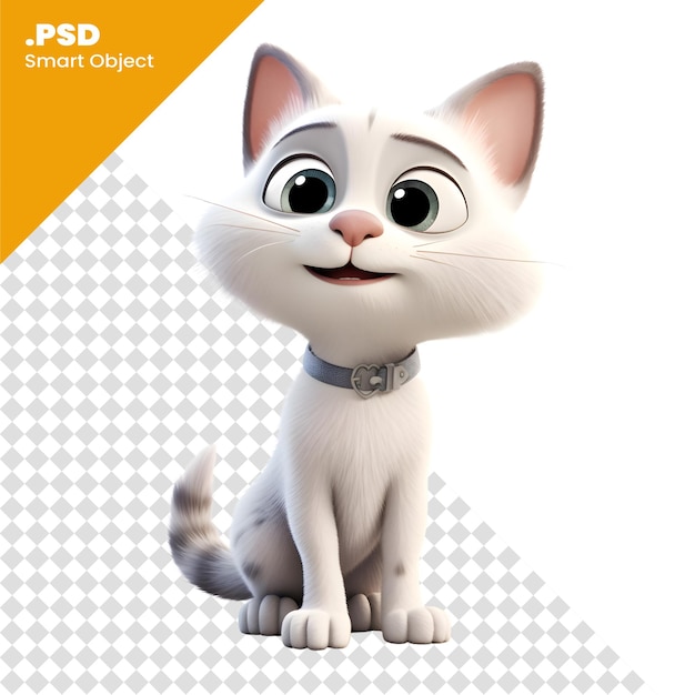 PSD illustration en 3d d'un joli chat de dessin animé assis sur fond blanc. modèle psd