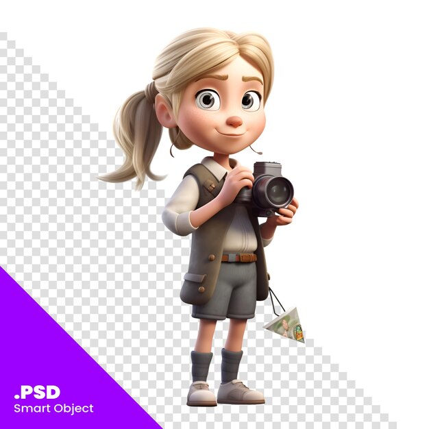 PSD illustration 3d d'une jolie fille de dessin animé avec un appareil photo et de l'argent modèle psd