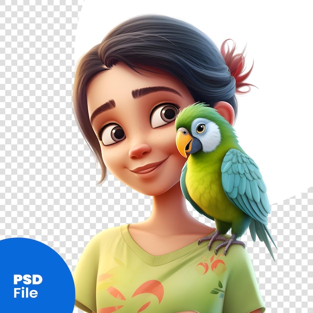 PSD illustration 3d d'une jolie petite fille avec un modèle psd de perroquet vert