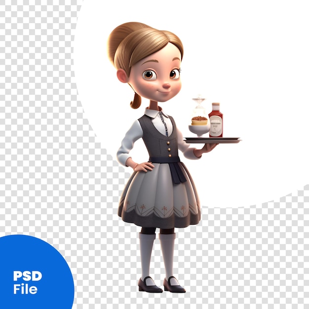 Illustration 3D d'une jolie serveuse de dessin animé avec une bouteille de modèle PSD de médicament