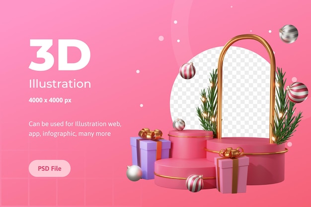 Illustration 3D Joyeux Noël, avec podium, lampe et boîte de prix, utilisée pour le web, l'application, la bannière, etc.